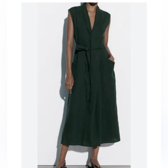 Zara Green Linen Blend Sleeveless Belted Midi Dress - Picture 1 of 9